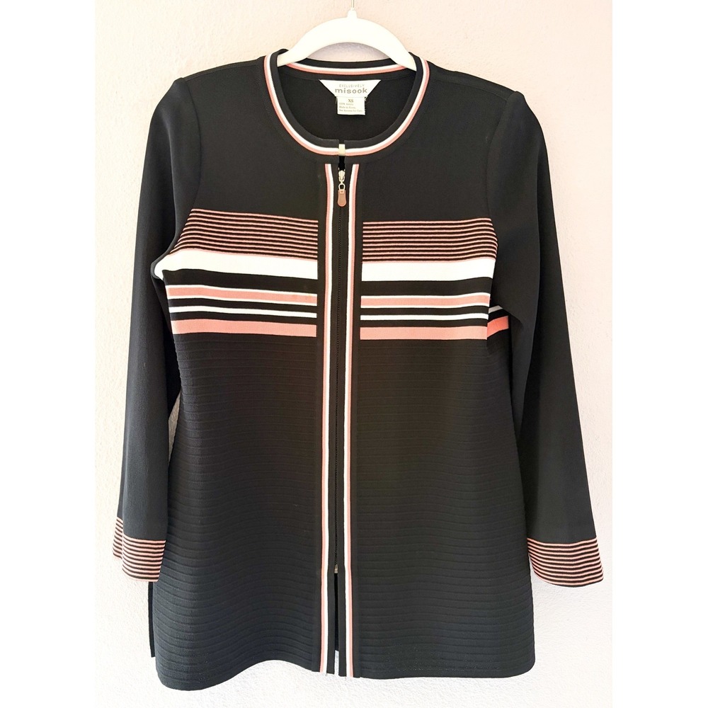 Exclusively Misook Womens XS Black Pink Striped‎ Zip Front Knit Jacket Cardigan